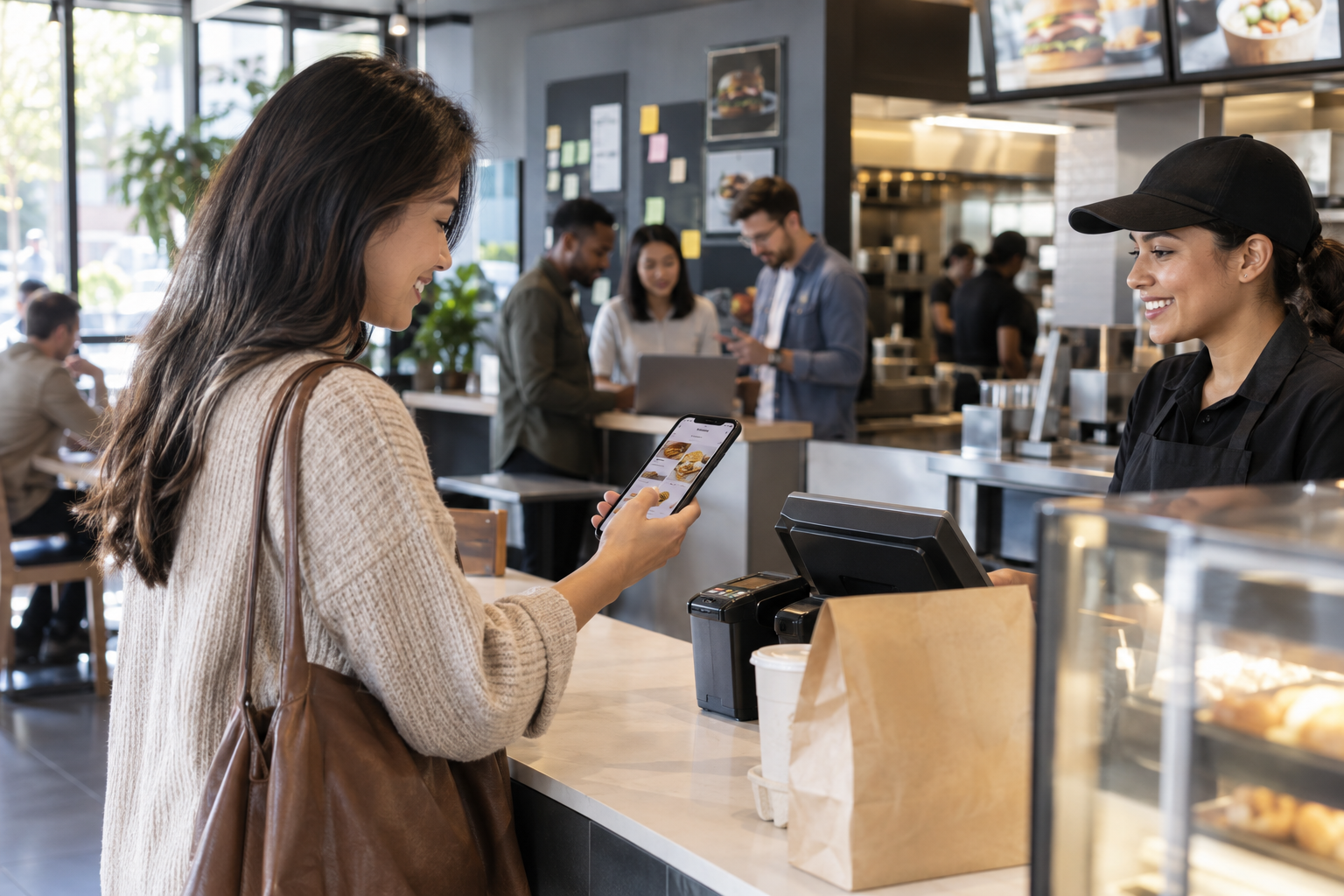 A customer using a mobile ordering experience in a restaurant